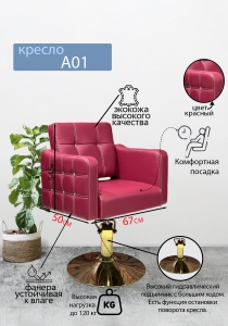 Парикмахерское кресло &quot;А01&quot;, бордо, диск золотой